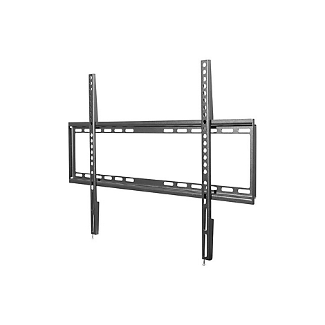 Ein TV-Wandhalter, der aus dunkelgrauem Metall besteht. Zwei vertikale Stangen sind mit Löchern versehen, und eine horizontale Stange hat Aussparungen.