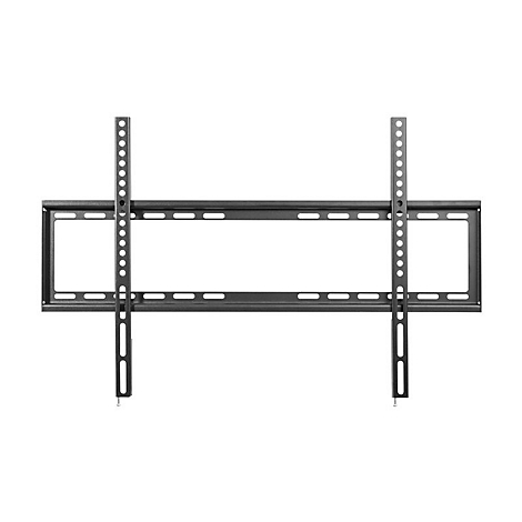 Schwarze TV-Halterung. Metallrahmen mit horizontalen und vertikalen Streben, Löchern und Schlitzen.
