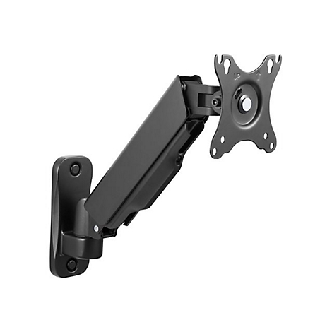 Schwarze Monitorhalterung, an der Wand befestigt. Der Halter ist aus Metall und hat eine Arm- und Halteplatte.