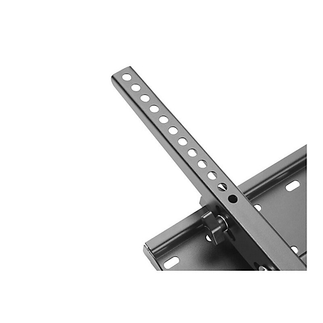 Detailaufnahme einer Halterung für einen Fernseher. Ein graues Metallstück mit Löchern und einem Stellrad.