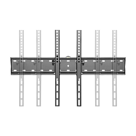 Schwarze TV-Wandhalterung, bestehend aus horizontaler Halterung und vertikalen Schienen. Auf weißem Hintergrund.