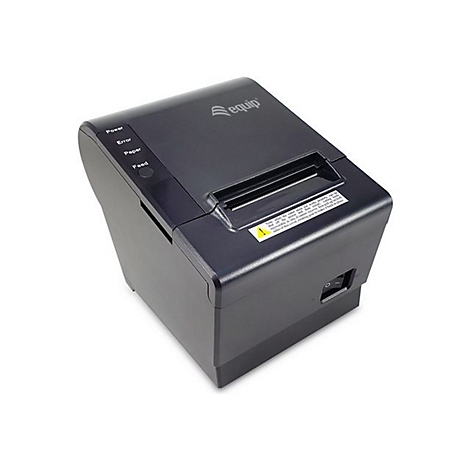 Schwarzer Bondrucker von oben. Auf der linken Seite befinden sich die Anzeigen Power, Error, Paper und Feed. Oben rechts befindet sich das Logo "equip".