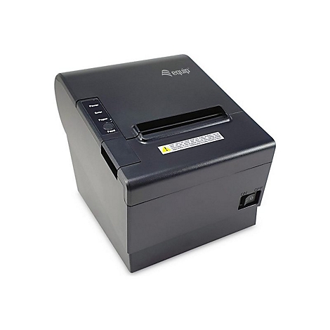 Schwarzer Thermodrucker, schräg von oben. Oben links: Logo. Oben: Papierausgabe. Rechts: Ein-Aus-Schalter. Vorne: Status-LEDs.