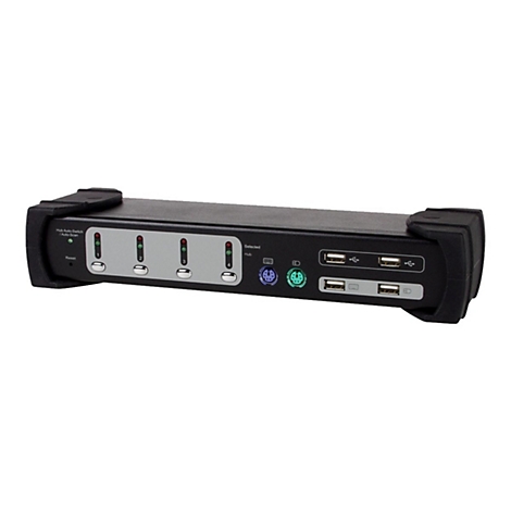 Ein schwarzer KVM-Switch mit vier USB-AnschlÃ¼ssen und vier Kontrollleuchten.