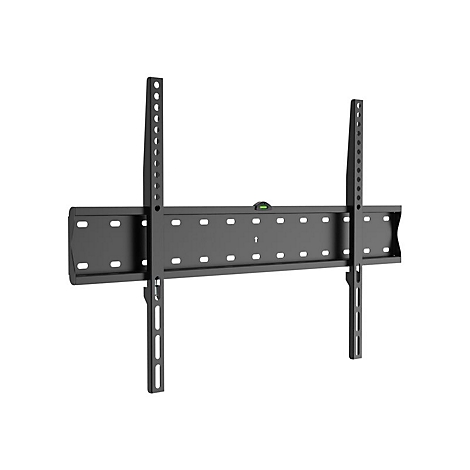 Schwarze TV-Wandhalterung, mit Wasserwaage, Löchern und Halterungen. Ideal für die Wandmontage.