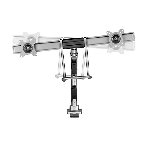 Monitorhalterung für zwei Monitore, silberfarben und schwarz, vor weißem Hintergrund.
