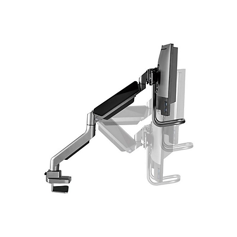 Ein silberner Monitorarm mit Monitor, der an einer Tischkante befestigt ist. Schwarze Akzente. Freigestellt.