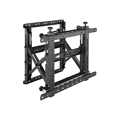 Schwarze TV-Wandhalterung, Metallkonstruktion. Rahmen mit mehreren Löchern und Schrauben. Einstellbare Halterungen.