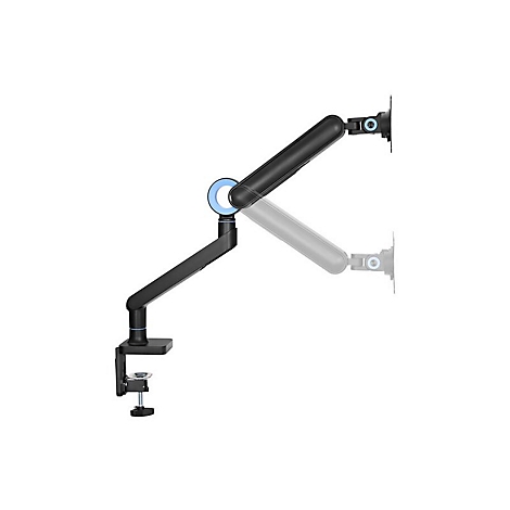 Schwarzer Monitorarm, an einem Schreibtisch befestigt, mit blau akzentuierten Gelenken.