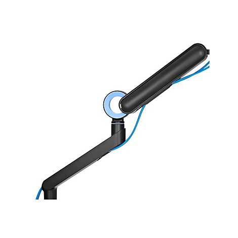 Schwarzer Monitorarm mit blauem Kabel. Blaue Akzente an runden Elementen. Auf weißem Hintergrund.