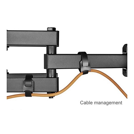 Nahaufnahme einer schwarzen TV-Halterung, mit Kabelmanagement. Ein braunes Kabel wird mit schwarzen Klettbändern fixiert. Text: Cable Management.