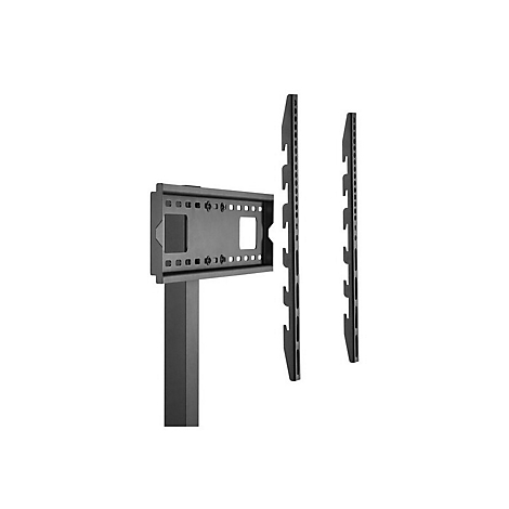 Schwarze TV-Halterung, bestehend aus Halterung, Säule und zwei Halterungsschienen. Details wie Löcher und rechteckige Aussparungen sichtbar.
