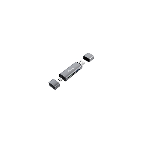 Grauer Kartenleser mit USB-A und USB-C-Anschlüssen, zwei Abdeckungen, SD-Karten- und Micro-SD-Karten-Slots auf weißem Hintergrund.
