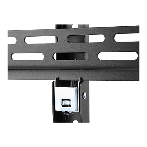 Nahaufnahme einer schwarzen, metallischen TV-Halterung, mit Löchern und einem silbernen Befestigungselement.