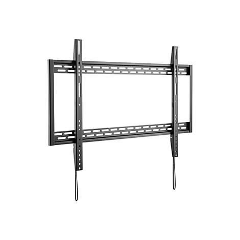 Schwarze TV-Halterung, rechteckiger Rahmen mit waagerechten Schlitzen. Halterung ist auf weißem Hintergrund.