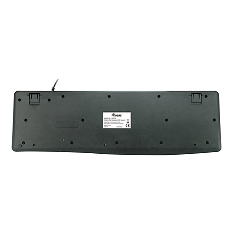 Drahtgebundene USB-Tastatur von unten. Schwarze Tastatur mit Label und Produktdaten.