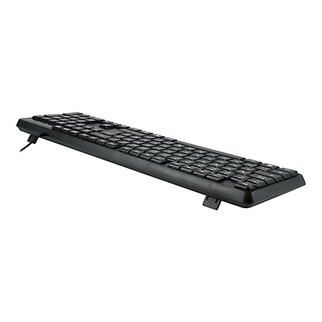 Schwarze Tastatur mit Kabel, in diagonaler Perspektive vor weißem Hintergrund.