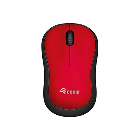 Rote, ergonomische Computermaus von equip mit schwarzem Mausrad vor weißem Hintergrund.