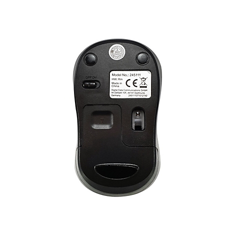 Unterseite einer schwarzen kabellosen Computermaus mit Sensor, An-Aus-Schalter und Produktetikett.