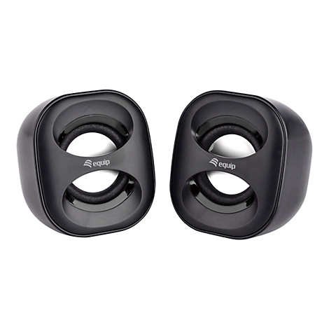 Zwei schwarze Computerrlautsprecher vor weißem Hintergrund. Jedes hat zwei Öffnungen, auf der Vorderseite steht „equip“.