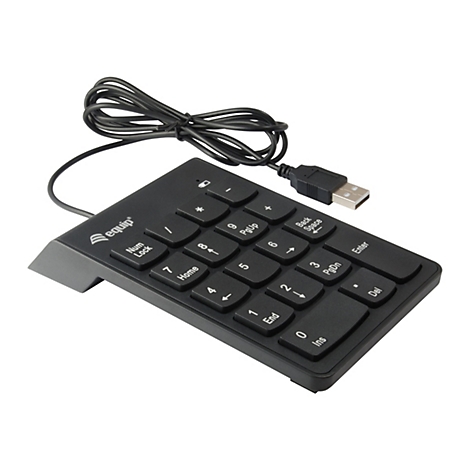 Schwarzer Nummernblock mit USB-Anschluss. Auf den Tasten sind Zahlen, Pfeile und Funktionen wie 'Enter' und 'Back Space' beschriftet. Das Kabel ist schwarz.