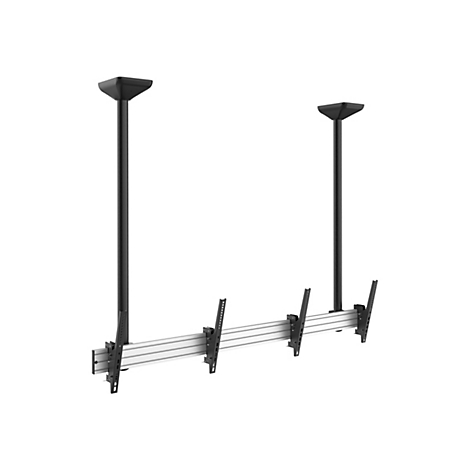 Deckenhalterung für mehrere Monitore, aus schwarzem Metall und Aluminium, mit Montagematerial.