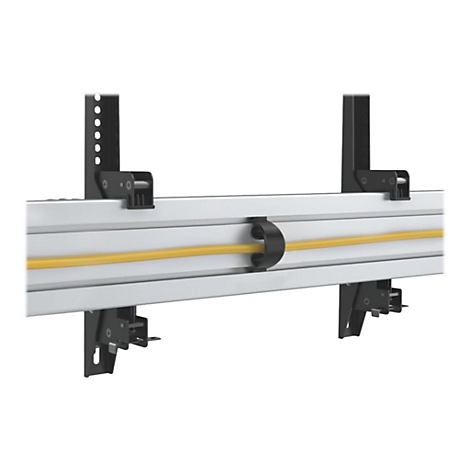 Detailaufnahme einer Halterung zur Kabelorganisation, die eine gelbe Leitung hält.