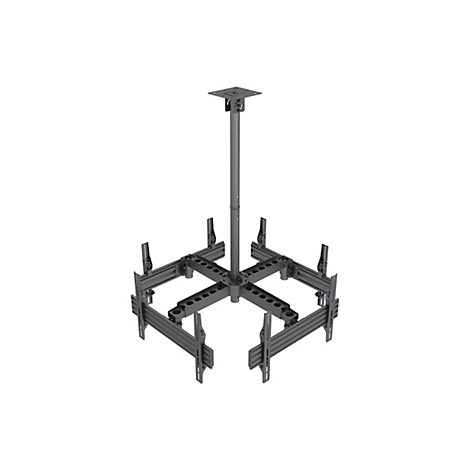 Deckenhalterung für Bildschirme, aus Metall, mit quadratischer Halterung und vier Auslegern.