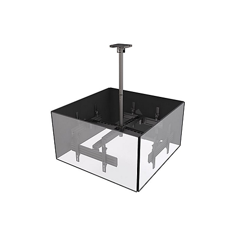 Deckenhalterung mit transparentem Gehäuse. Aufhängung mit Montageplatte und Tragsäule, Innenseite mit Halterungen für Geräte.