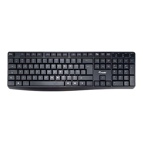 Schwarze Computertastatur mit QWERTZ-Layout und Equip-Logo auf weißem Hintergrund.