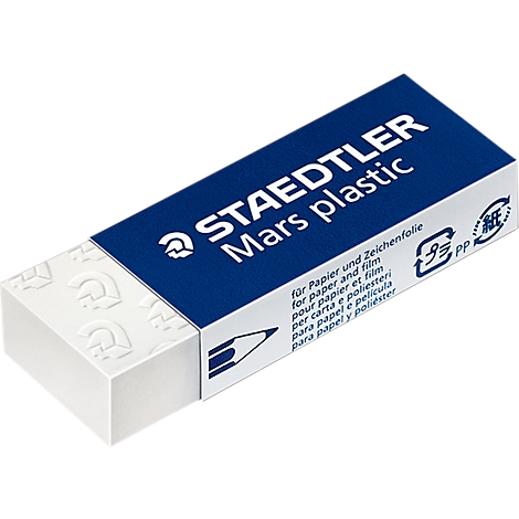 White eraser with blue Staedtler packaging. Printed: STAEDTLER Mars plastic.