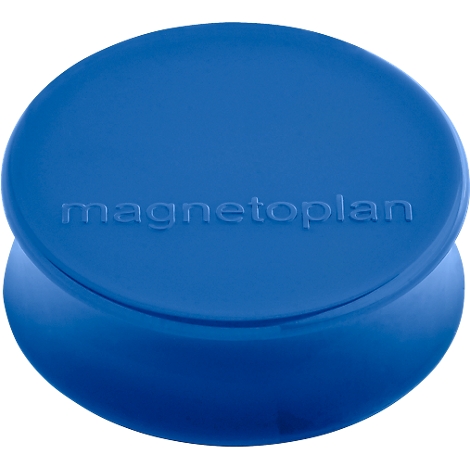 Blauw, rond magnetisch object, met de inscriptie "magnetoplan".