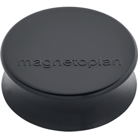 Donkergrijze ronde magneet van Magnetoplan met reliëflettering.