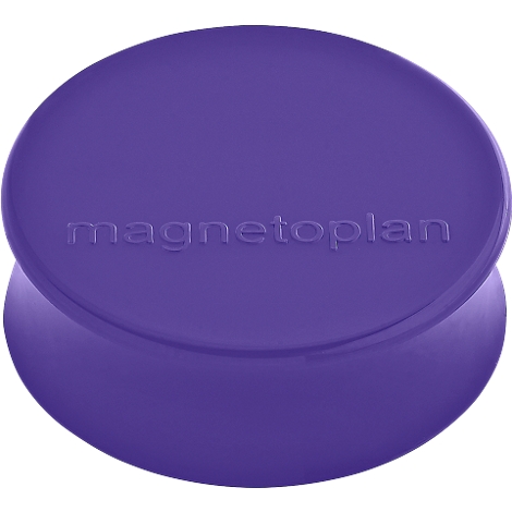 Een paarse magneet van Magnetoplan, rond en licht gebogen.