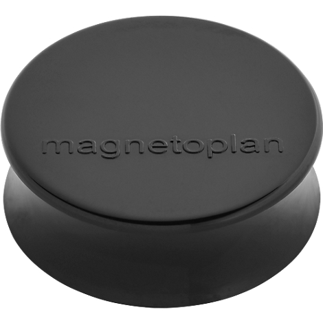 Zwarte, ronde magneet van Magnetoplan. De letters zijn in reliëf.