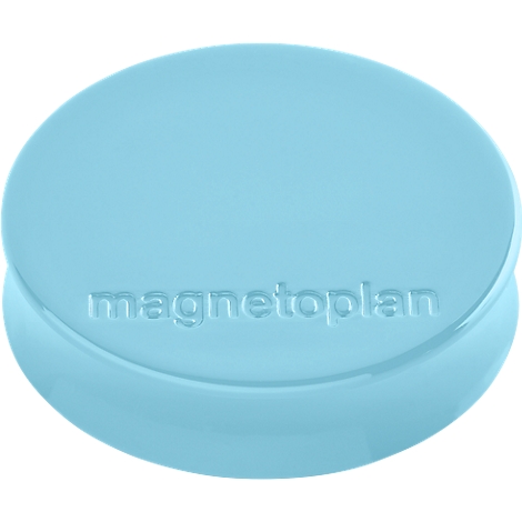 Lichtblauwe ronde magneet met het woord 'magnetoplan'.