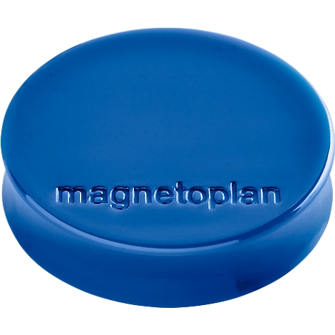 Blauwe, ovale magneet met verhoogde letters 'magnetoplan'.