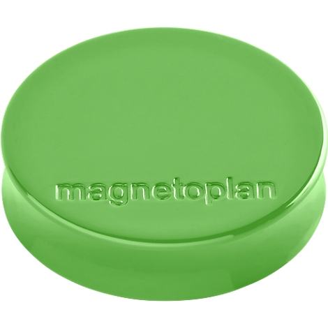 Ronde, lichtgroene magneet met ingebosseleerde "magnetoplan" letters.