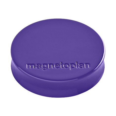 Een paars, rond object met het woord 'magnetoplan' in het midden. Het object heeft een licht gebogen vorm.