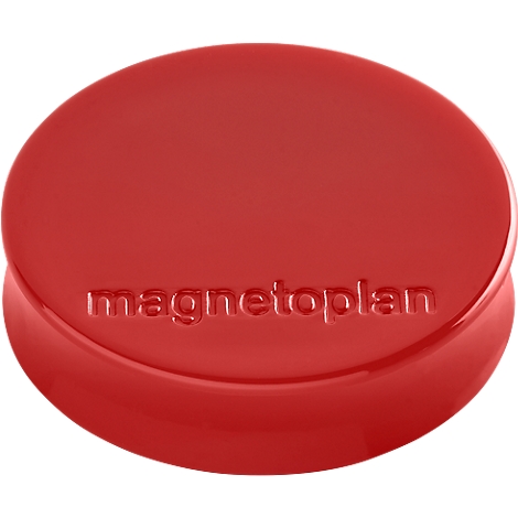 Ronde rode magneet, met het woord 'magnetoplan' in reliëf.