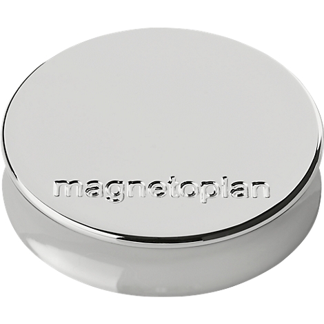 Een glanzende, ronde magneet met de opdruk "magnetoplan".