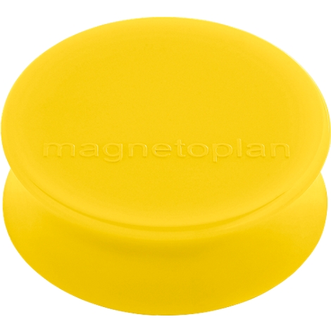 Yellow, round magnet by magnetoplan. The magnet is divided into two halves.