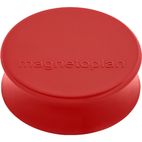Red, round magnet with the inscription "magnetoplan".