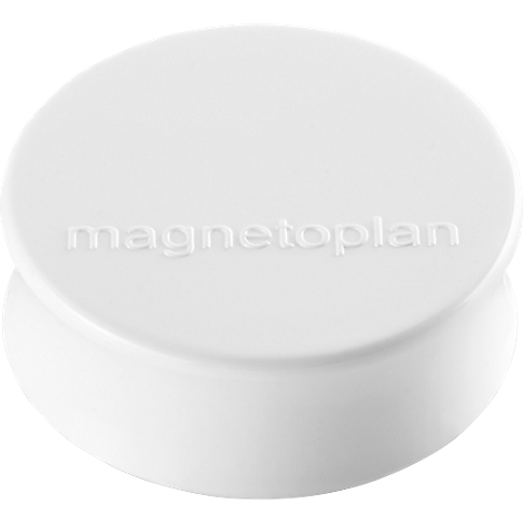 White, round magnet with the embossed lettering "magnetoplan".