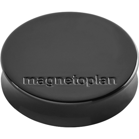 Round black magnet with "magnetoplan" embossed.