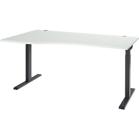 A white desk with a black frame. The tabletop is slightly curved.