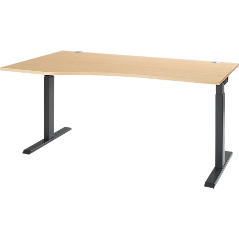 A height-adjustable desk with a light wood top and anthracite-colored frame. The tabletop has a rounded corner.
