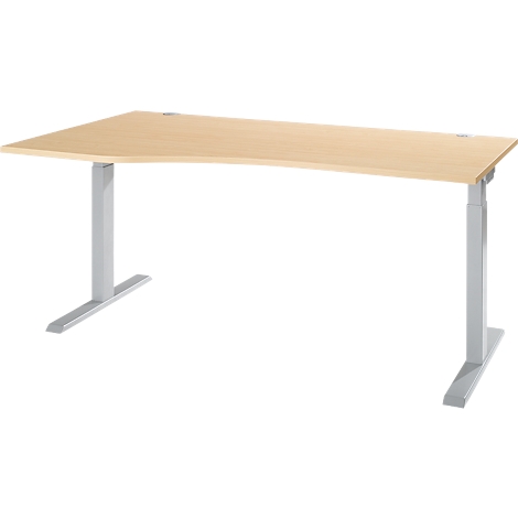 Light brown corner desk with two gray legs. The desk has an adjustable height.