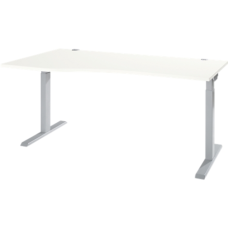 White height-adjustable desk with gray legs against a white background. The tabletop is slightly rounded.