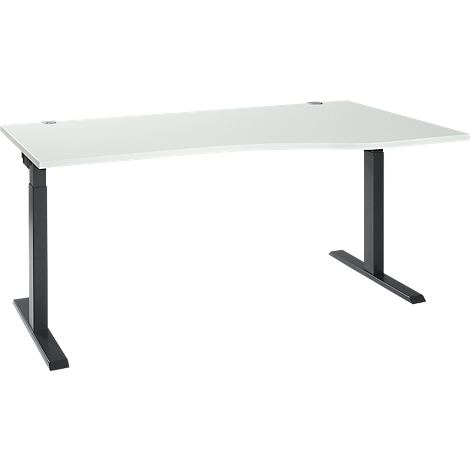 A white, height-adjustable desk with a black frame, against a white background.